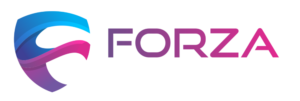 Logotipo da Forza Registro de Marcas com ícone abstrato em tons de azul e rosa.