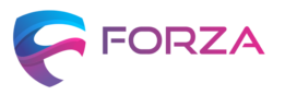 Logotipo da Forza Registro de Marcas com ícone abstrato em tons de azul e rosa.