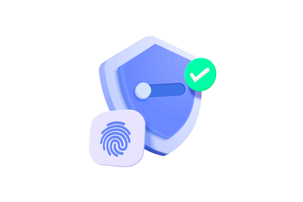Ícone de escudo azul com marcas de verificação e ícone de impressão digital, simbolizando segurança digital avançada.