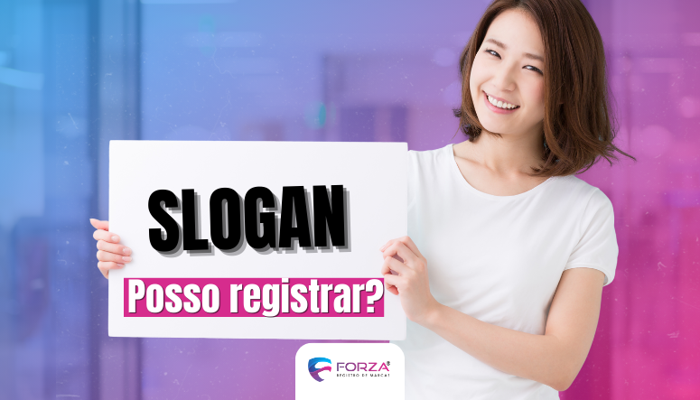 mulher segurando uma placa que diz: slogan, posso registrar?