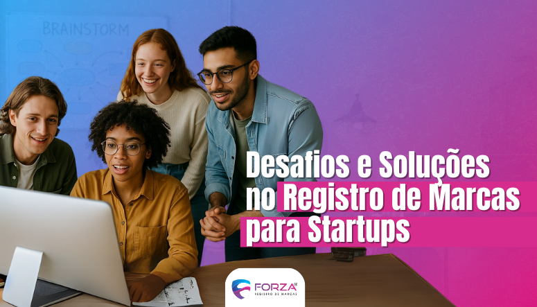 pessoas em volta de um computador olhando a tela em um fundo roxo e rosa escrito registro de marca para startups